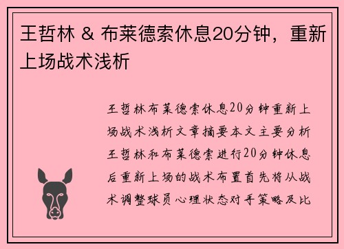王哲林 & 布莱德索休息20分钟，重新上场战术浅析